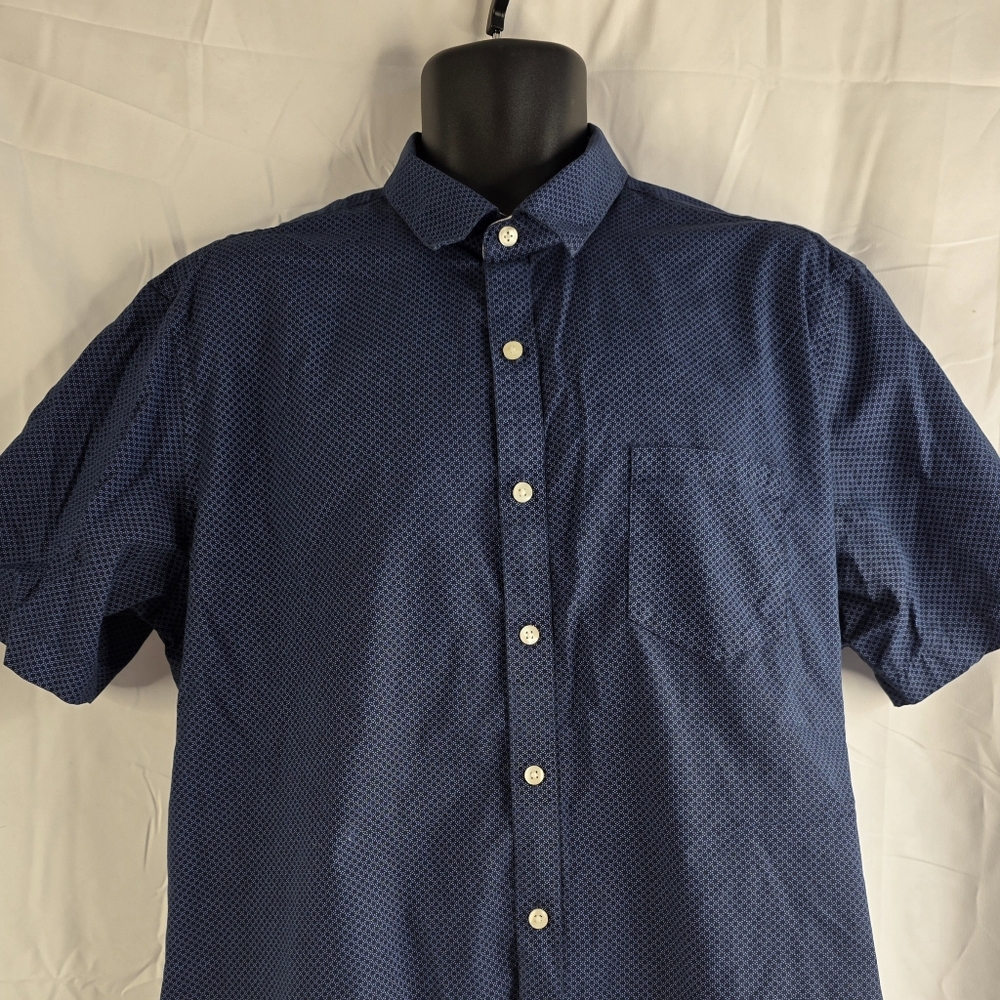 Van Heusen Navy Blue Short Sleeve Shirt Size XL Slim Fit Palm Tree Collar E-1650 - Picture 2 of 10